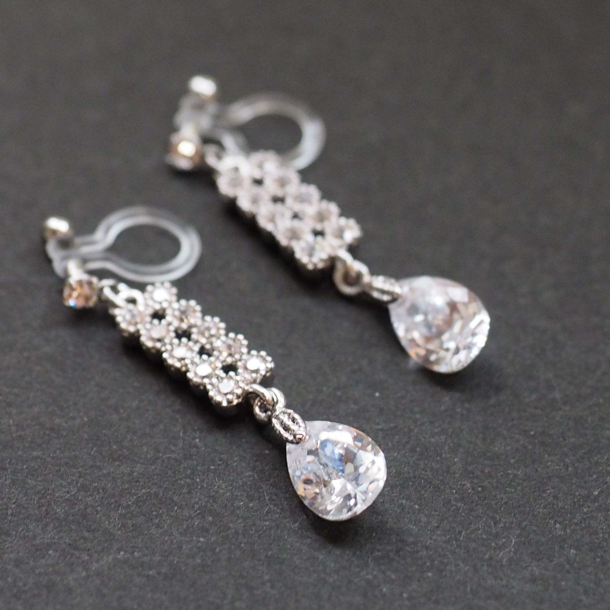 Dangle bridal teardrop cubic zirconia invisible clip on earrings (silver tone) - miyabigracejewelry.com