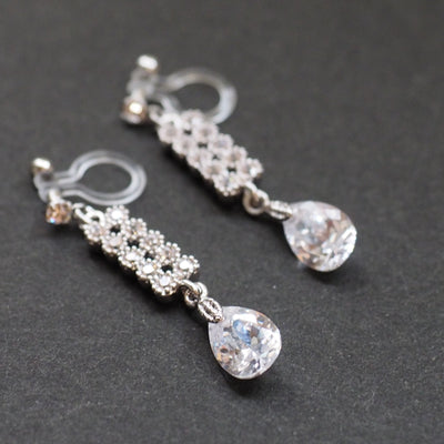 Dangle bridal teardrop cubic zirconia invisible clip on earrings (silver tone) - miyabigracejewelry.com