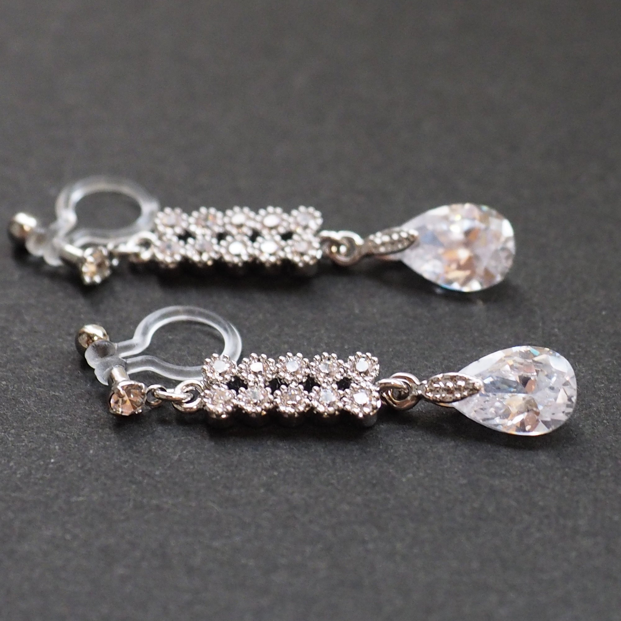 Dangle bridal teardrop cubic zirconia invisible clip on earrings (silver tone) - miyabigracejewelry.com