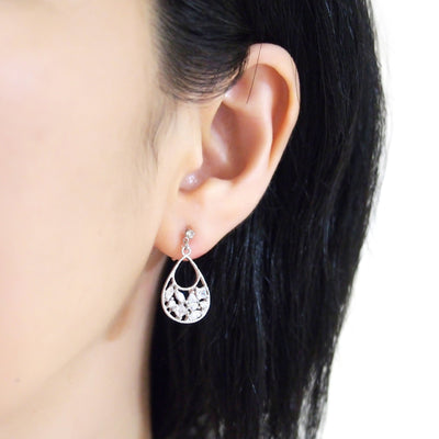 Teardrop filigree cubic zirconia invisible clip on earrings (silver tone) - miyabigracejewelry.com