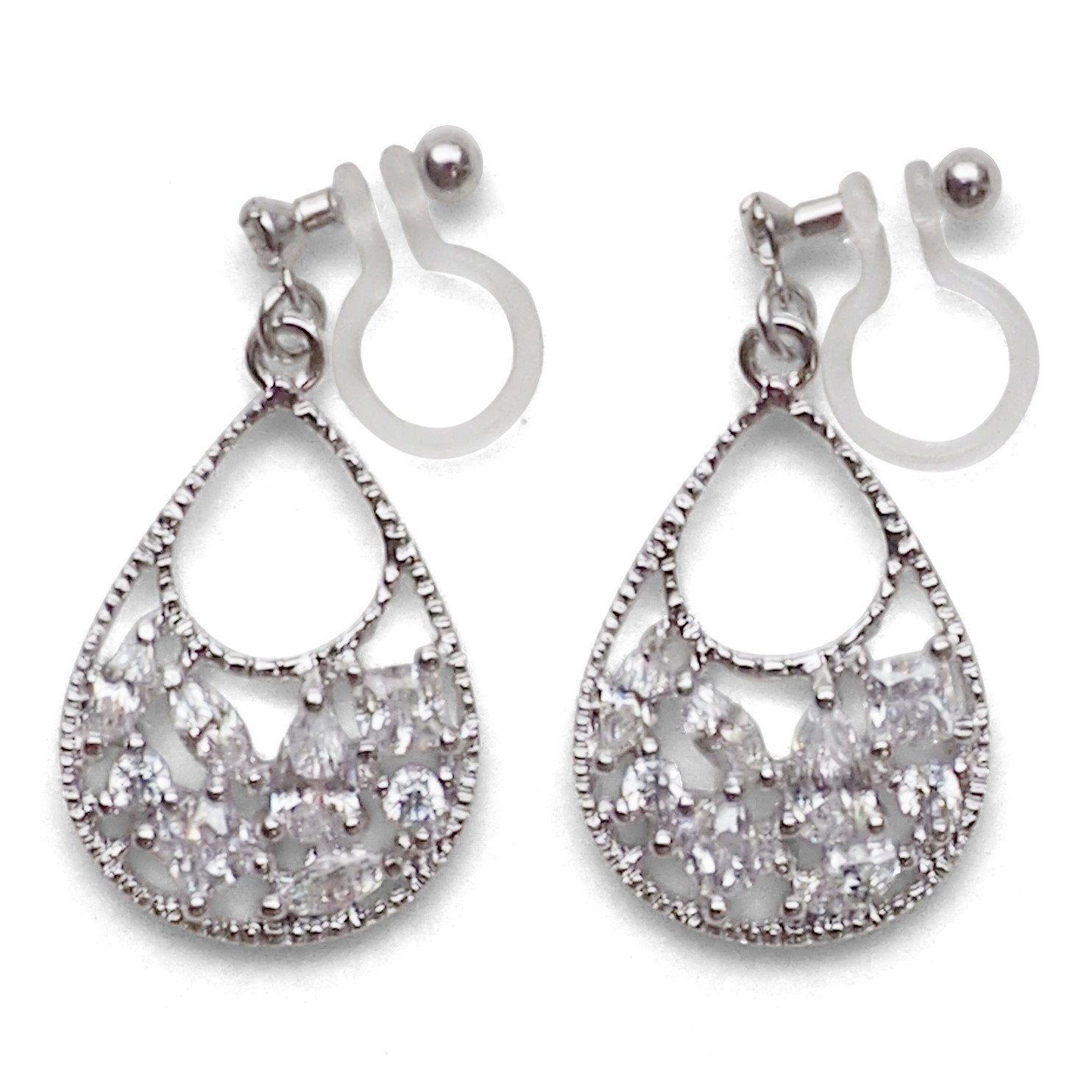 Teardrop filigree cubic zirconia invisible clip on earrings (silver tone) - miyabigracejewelry.com