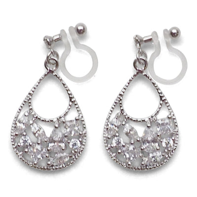 Teardrop filigree cubic zirconia invisible clip on earrings (silver tone) - miyabigracejewelry.com