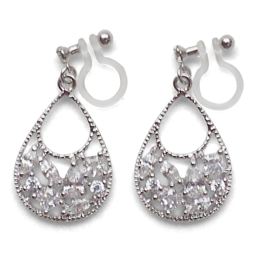 Teardrop filigree cubic zirconia invisible clip on earrings (silver tone) - miyabigracejewelry.com