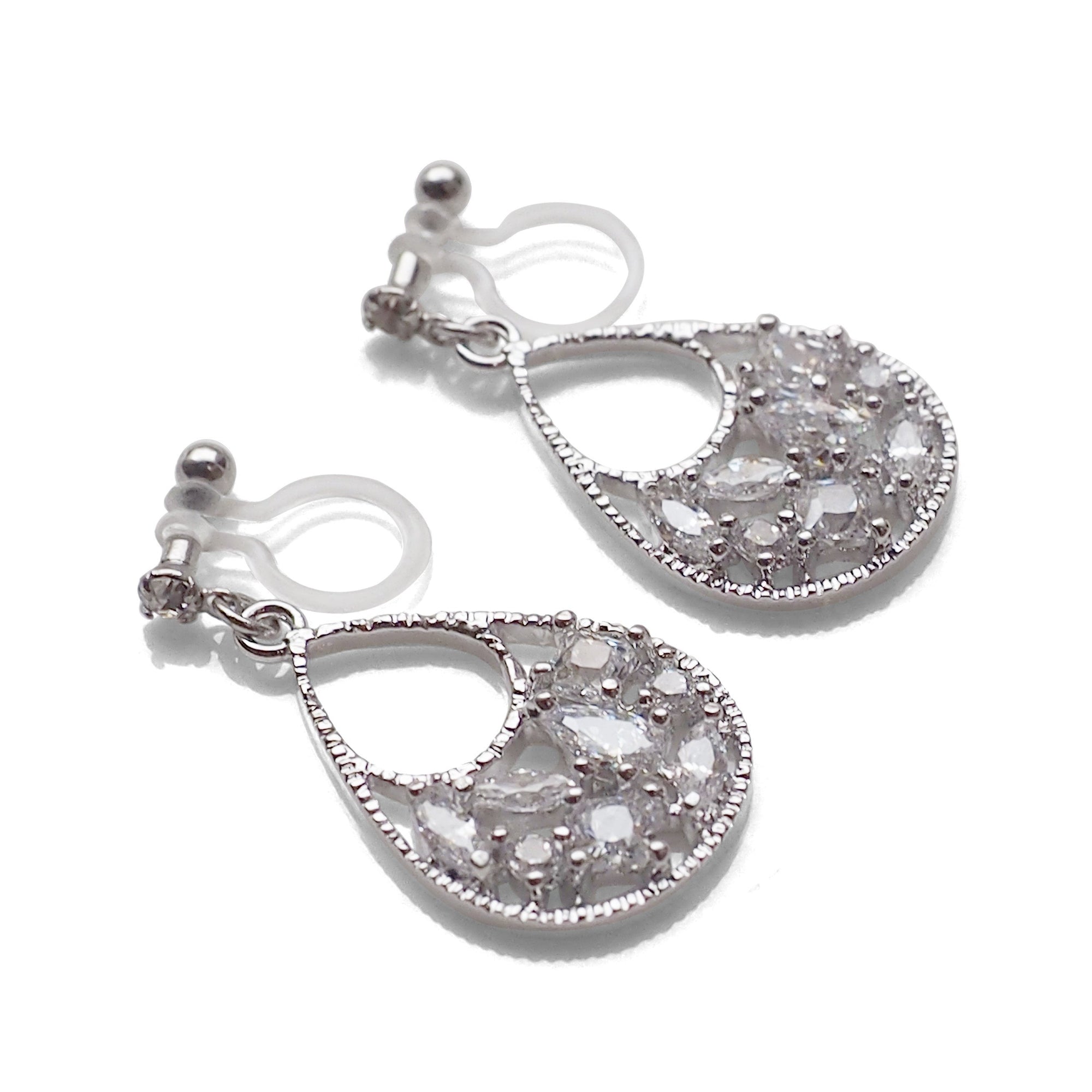 Teardrop filigree cubic zirconia invisible clip on earrings (silver tone) - miyabigracejewelry.com