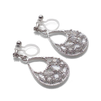 Teardrop filigree cubic zirconia invisible clip on earrings (silver tone) - miyabigracejewelry.com