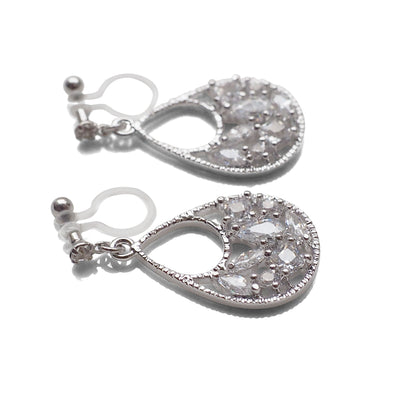 Teardrop filigree cubic zirconia invisible clip on earrings (silver tone) - miyabigracejewelry.com