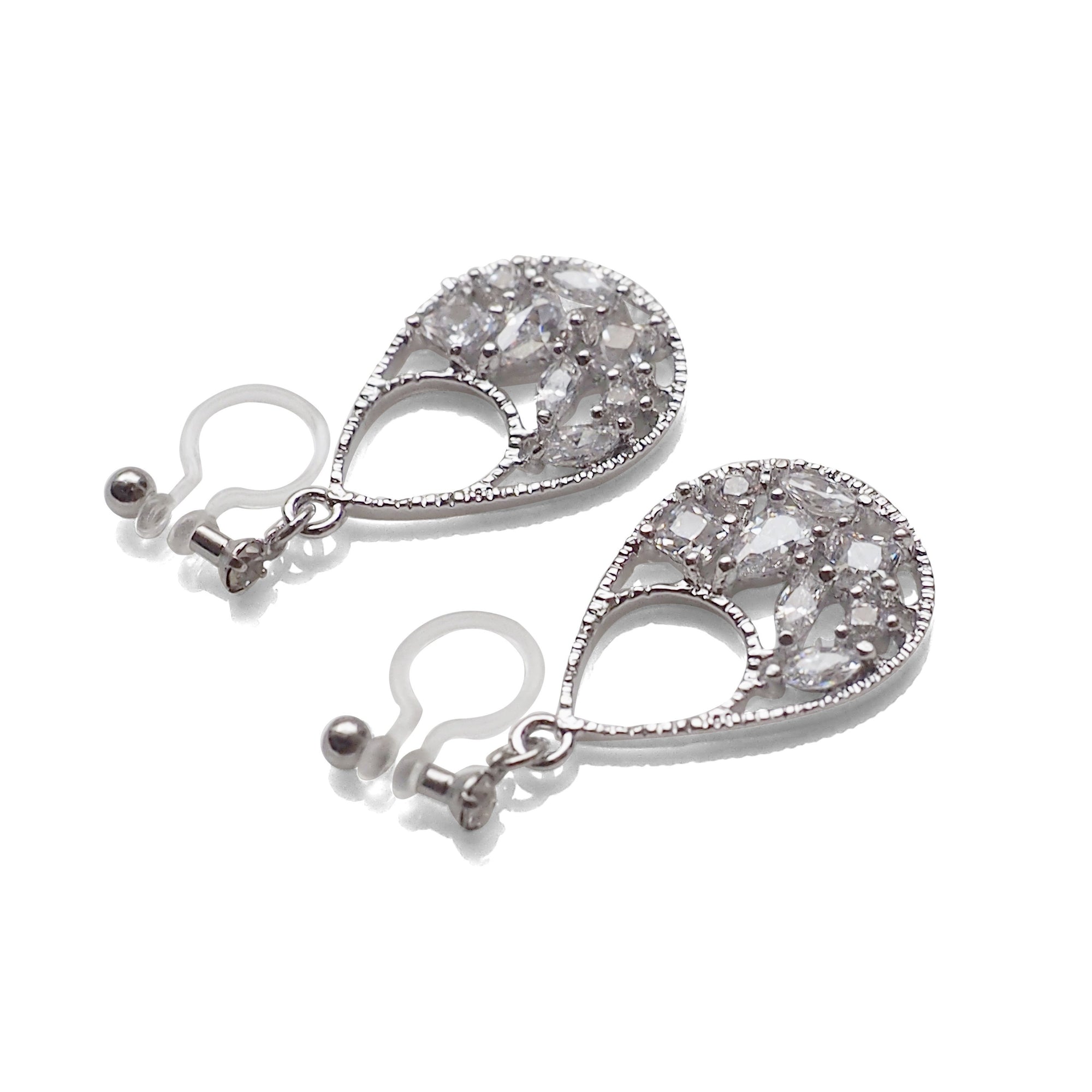 Teardrop filigree cubic zirconia invisible clip on earrings (silver tone) - miyabigracejewelry.com