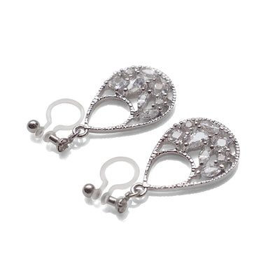 Teardrop filigree cubic zirconia invisible clip on earrings (silver tone) - miyabigracejewelry.com