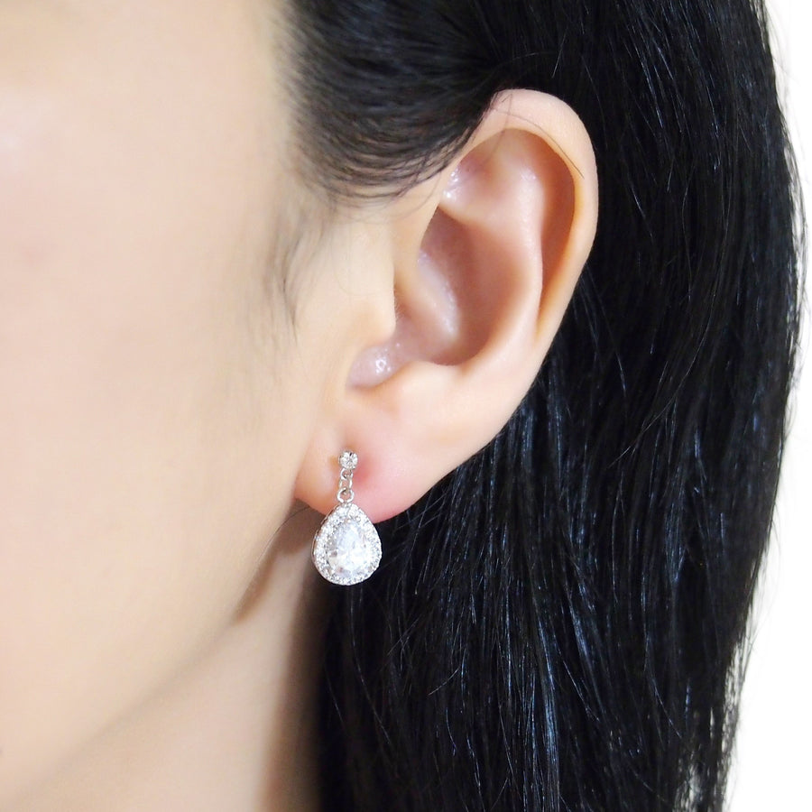 Bridal teardrop cubic zirconia invisible clip on earrings (silver tone) - miyabigracejewelry.com