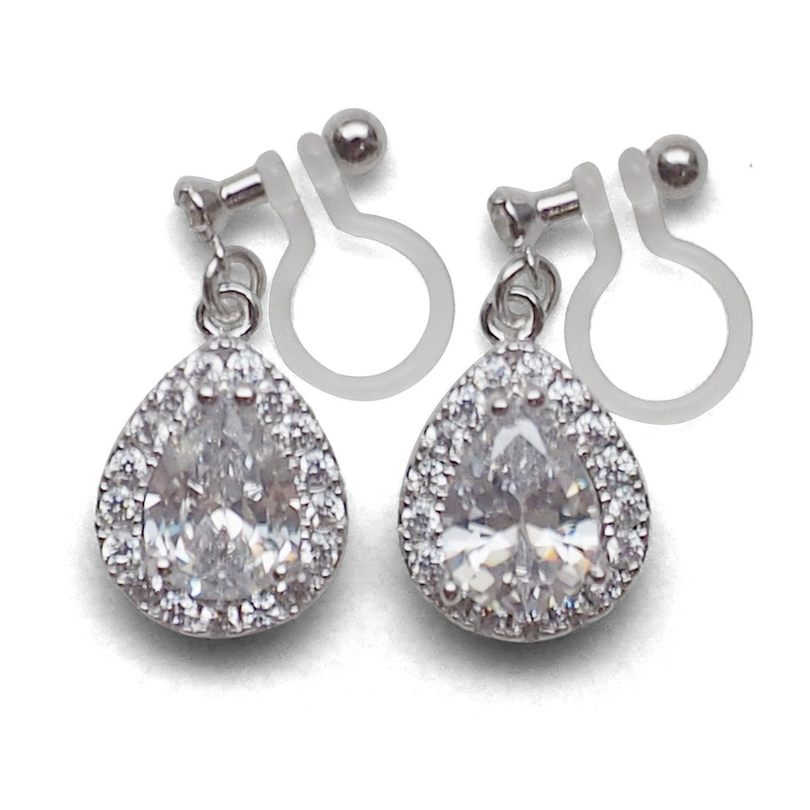Bridal teardrop cubic zirconia invisible clip on earrings (silver tone) - miyabigracejewelry.com
