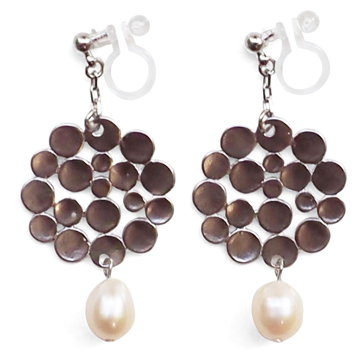 Silver bubble filigree and freshwater pearl invisible clip on earrings - miyabigracejewelry.com