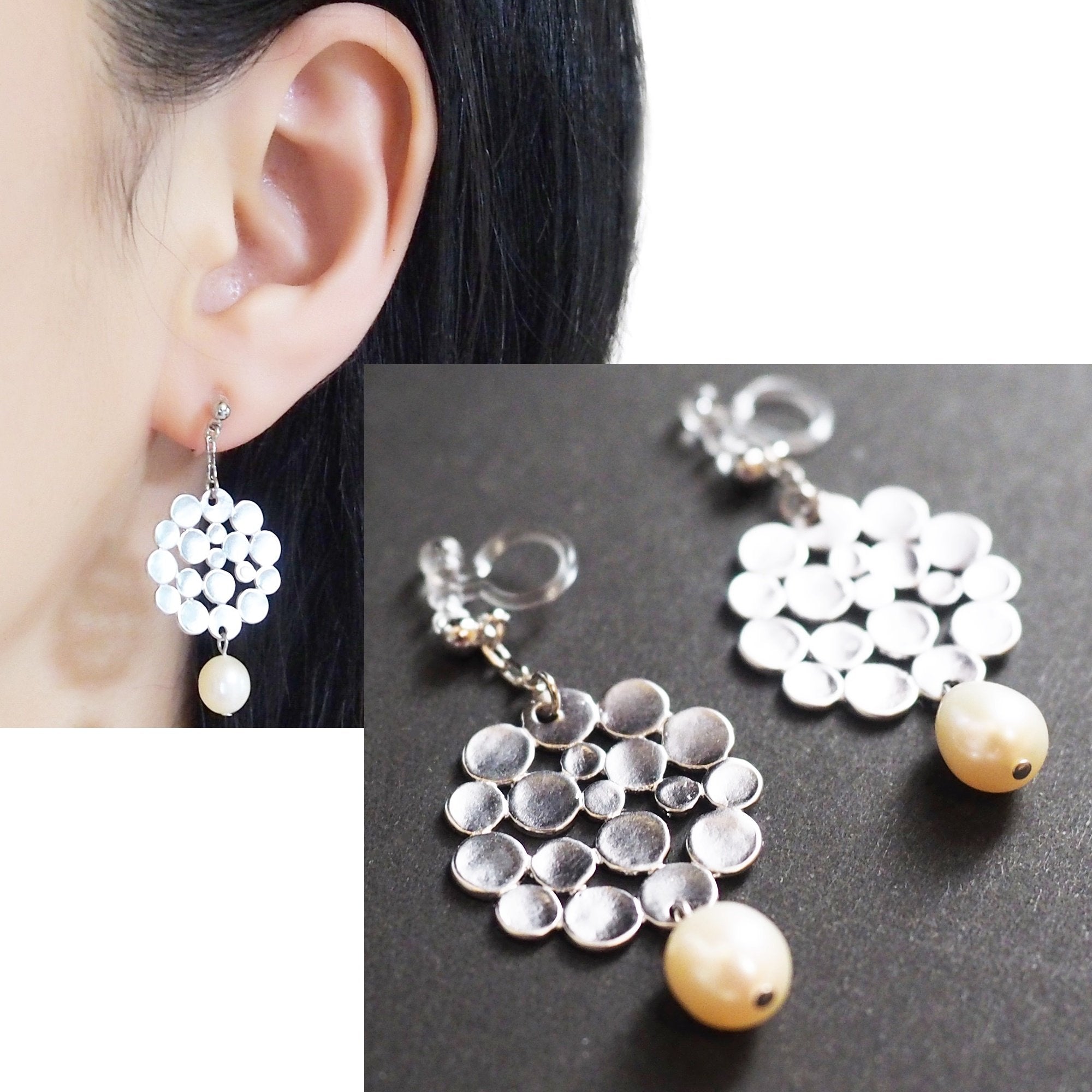 Silver bubble filigree and freshwater pearl invisible clip on earrings - miyabigracejewelry.com
