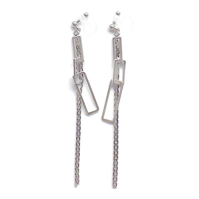 Silver chain and rectangular motif invisible clip on earrings - miyabigracejewelry.com