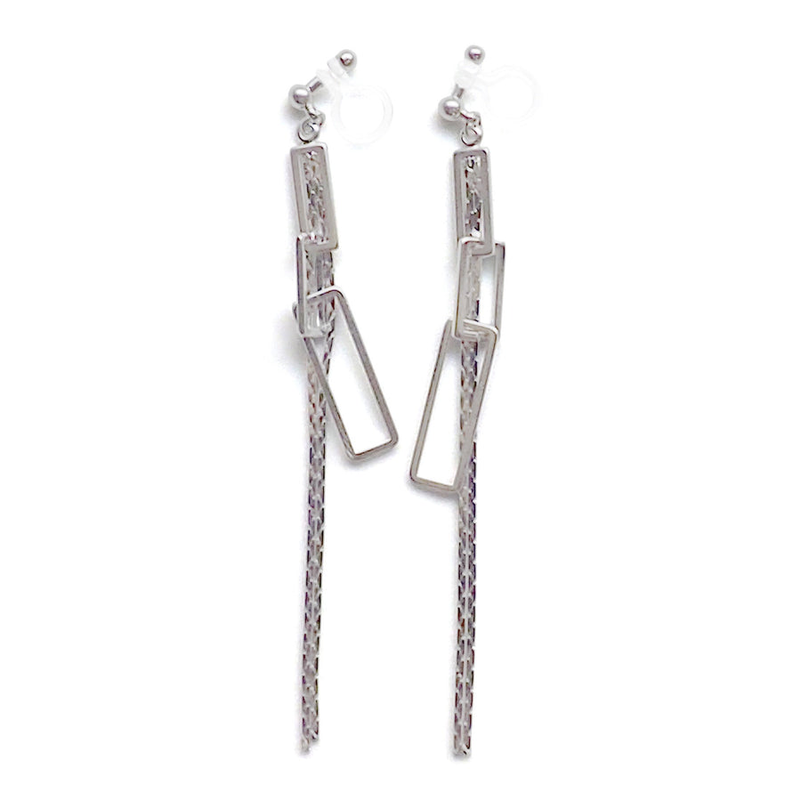 Silver chain and rectangular motif invisible clip on earrings - miyabigracejewelry.com