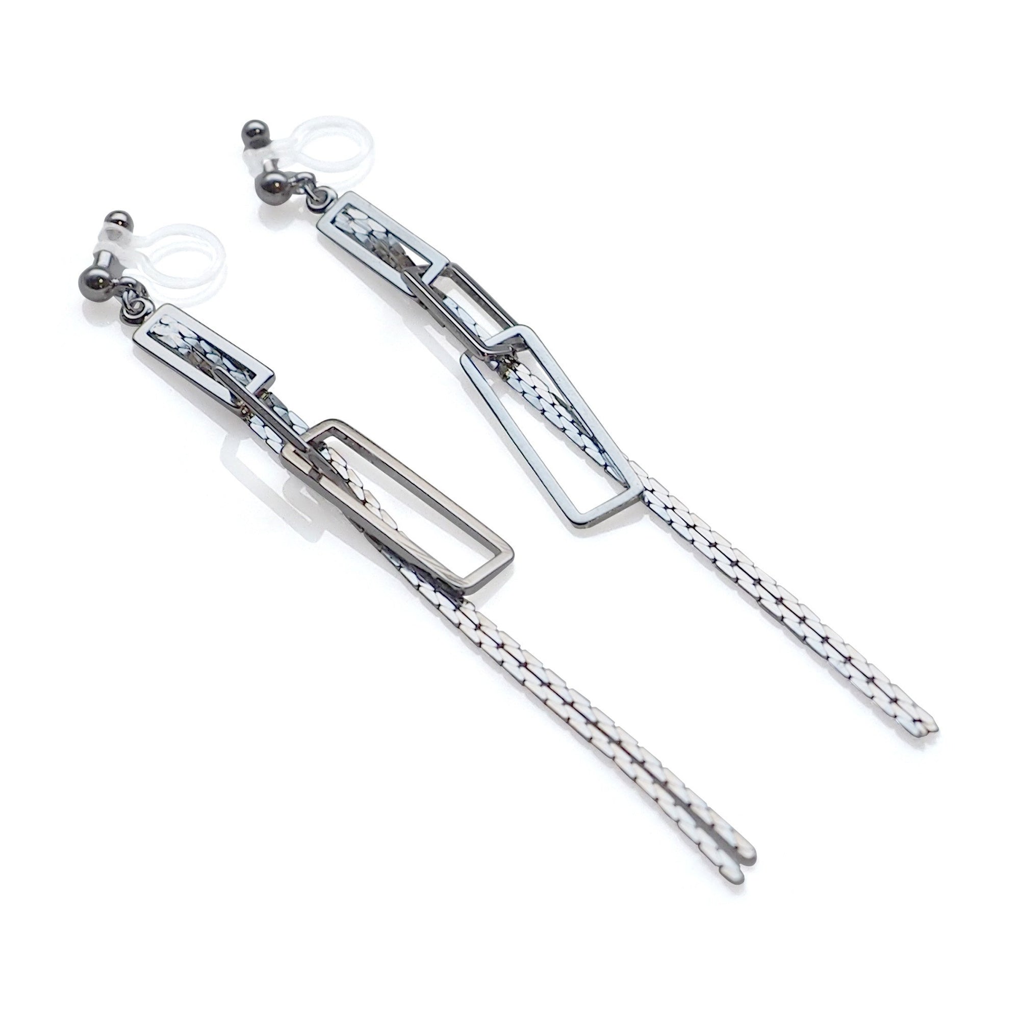 Silver chain and rectangular motif invisible clip on earrings - miyabigracejewelry.com