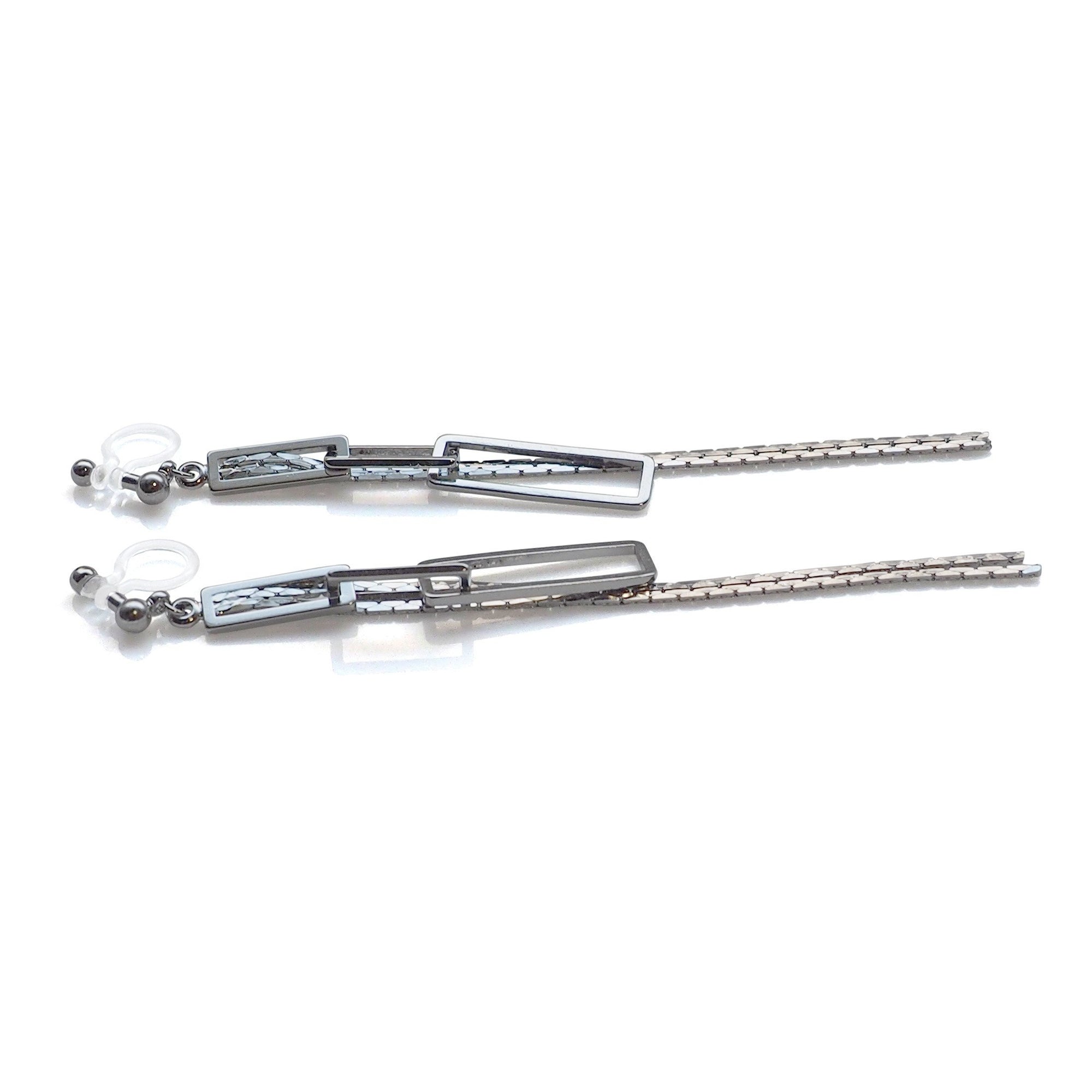 Silver chain and rectangular motif invisible clip on earrings - miyabigracejewelry.com