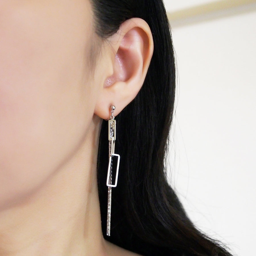 Silver chain and rectangular motif invisible clip on earrings - miyabigracejewelry.com