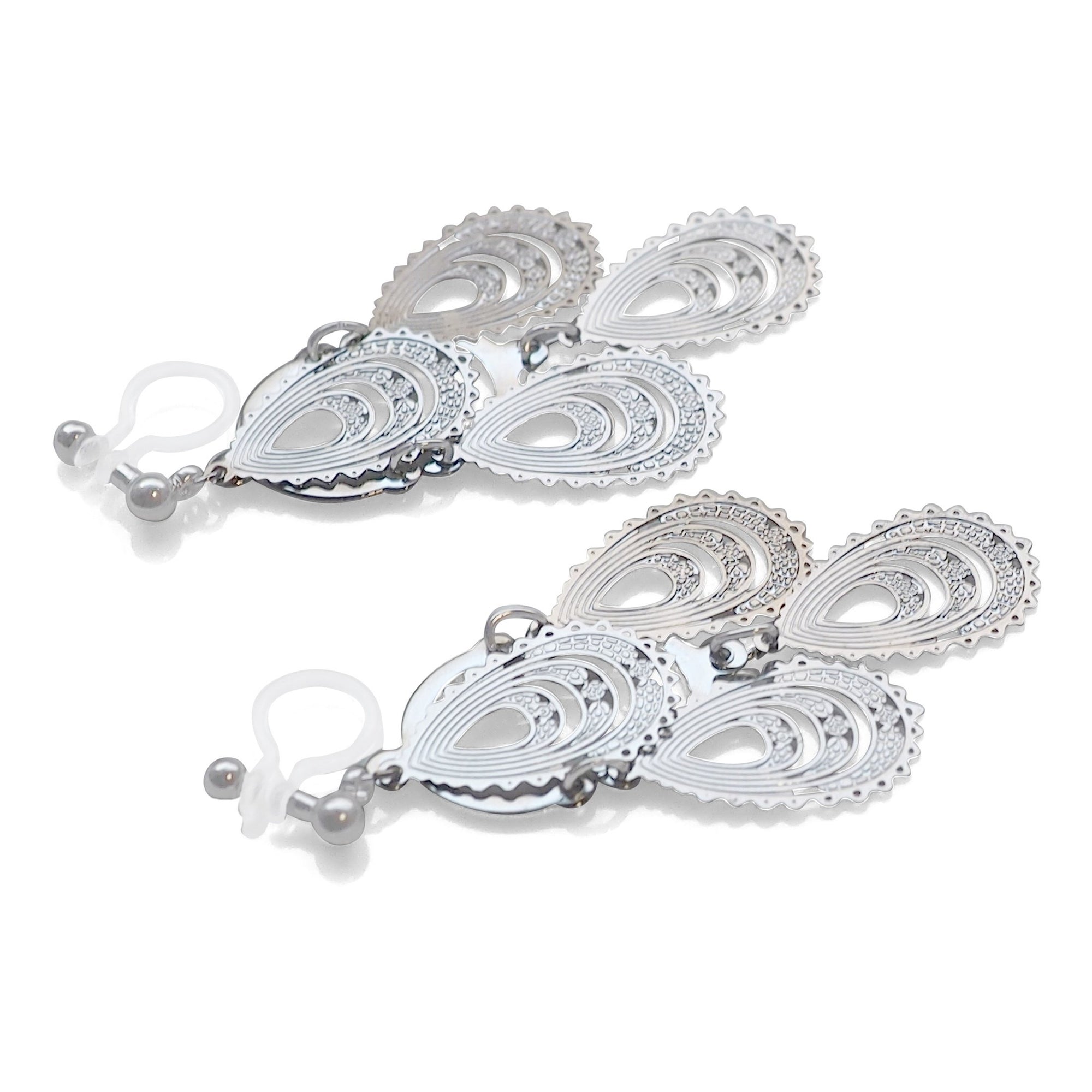 Dangle teardrop silver filigree invisible clip on earrings - miyabigracejewelry.com