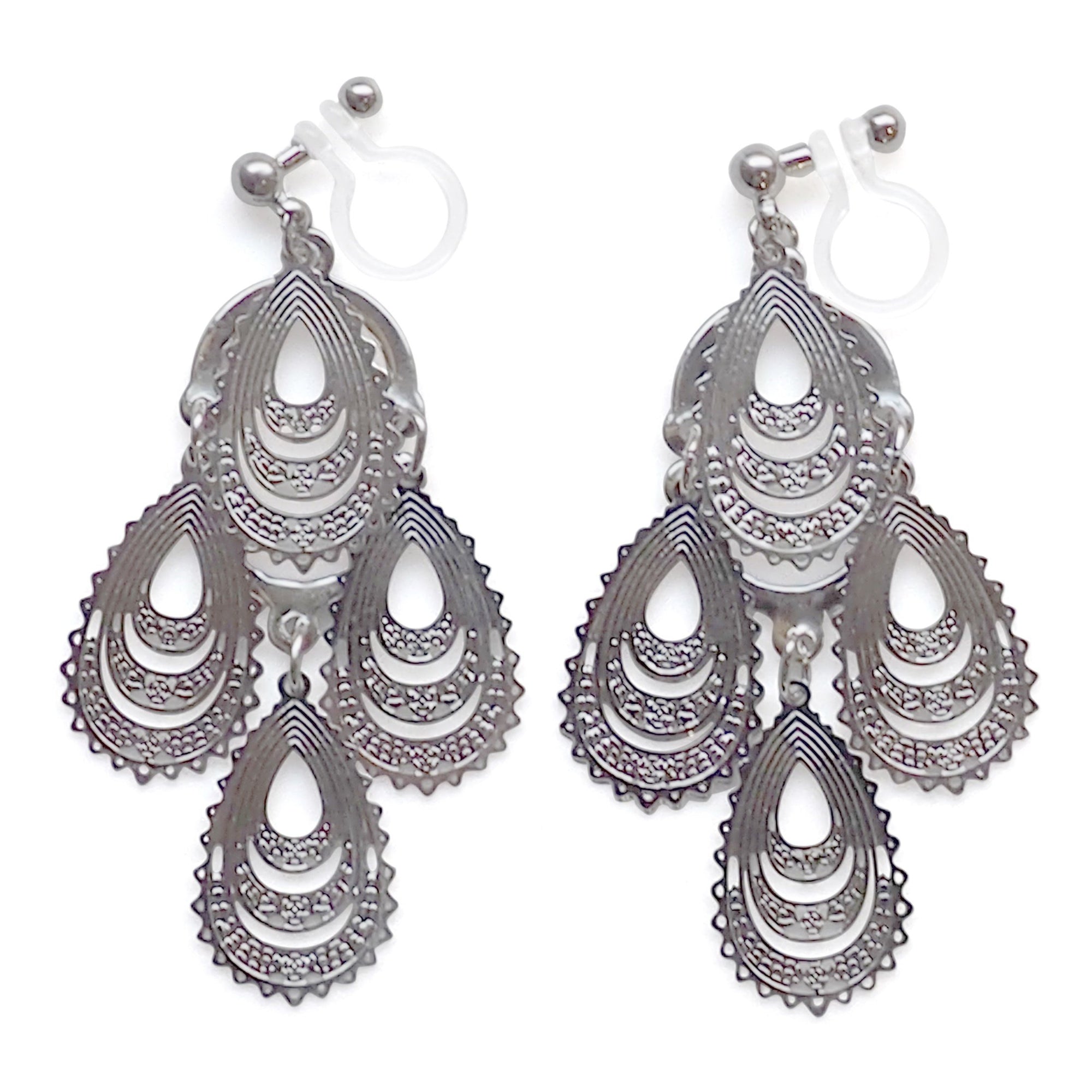 Dangle teardrop silver filigree invisible clip on earrings - miyabigracejewelry.com