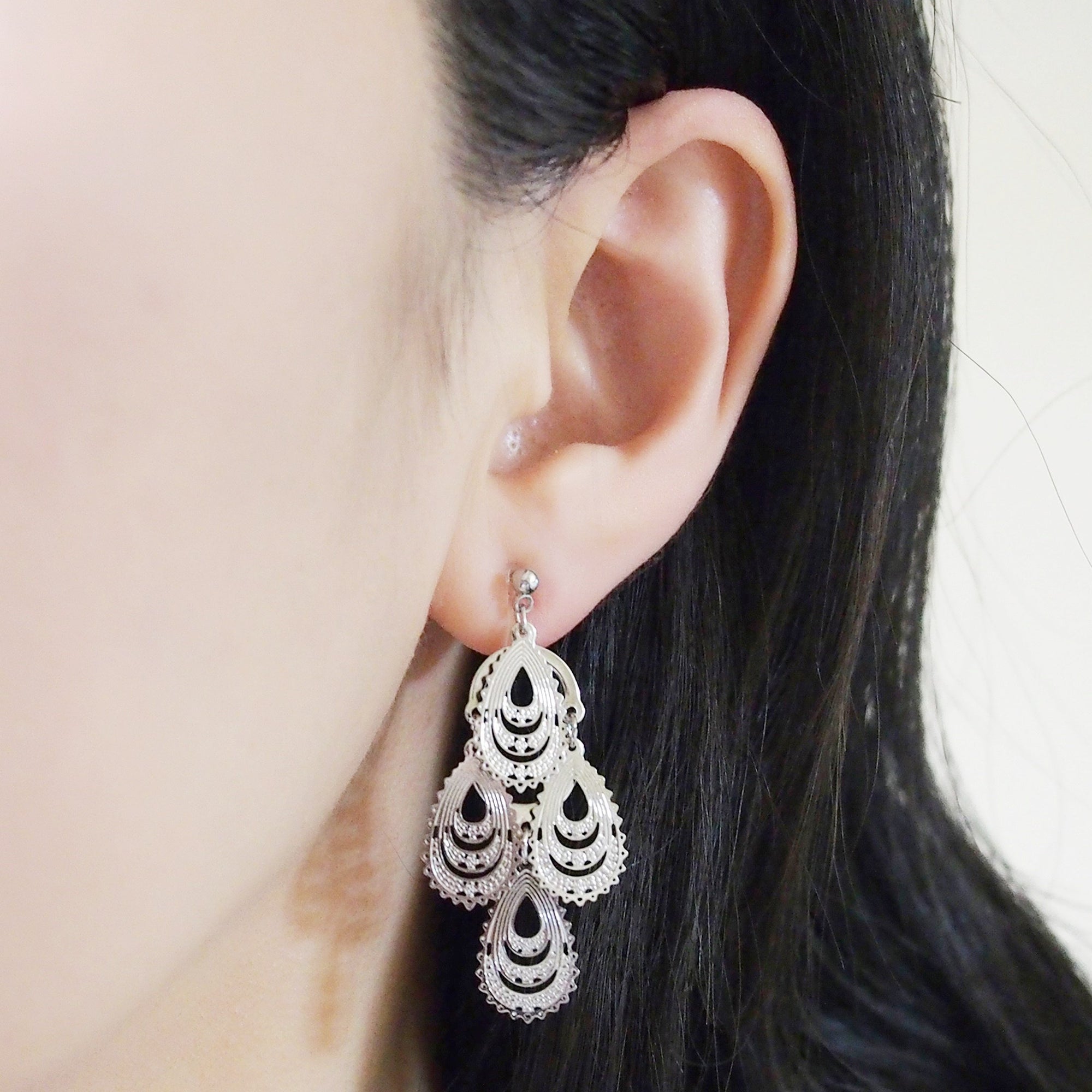 Dangle teardrop silver filigree invisible clip on earrings - miyabigracejewelry.com
