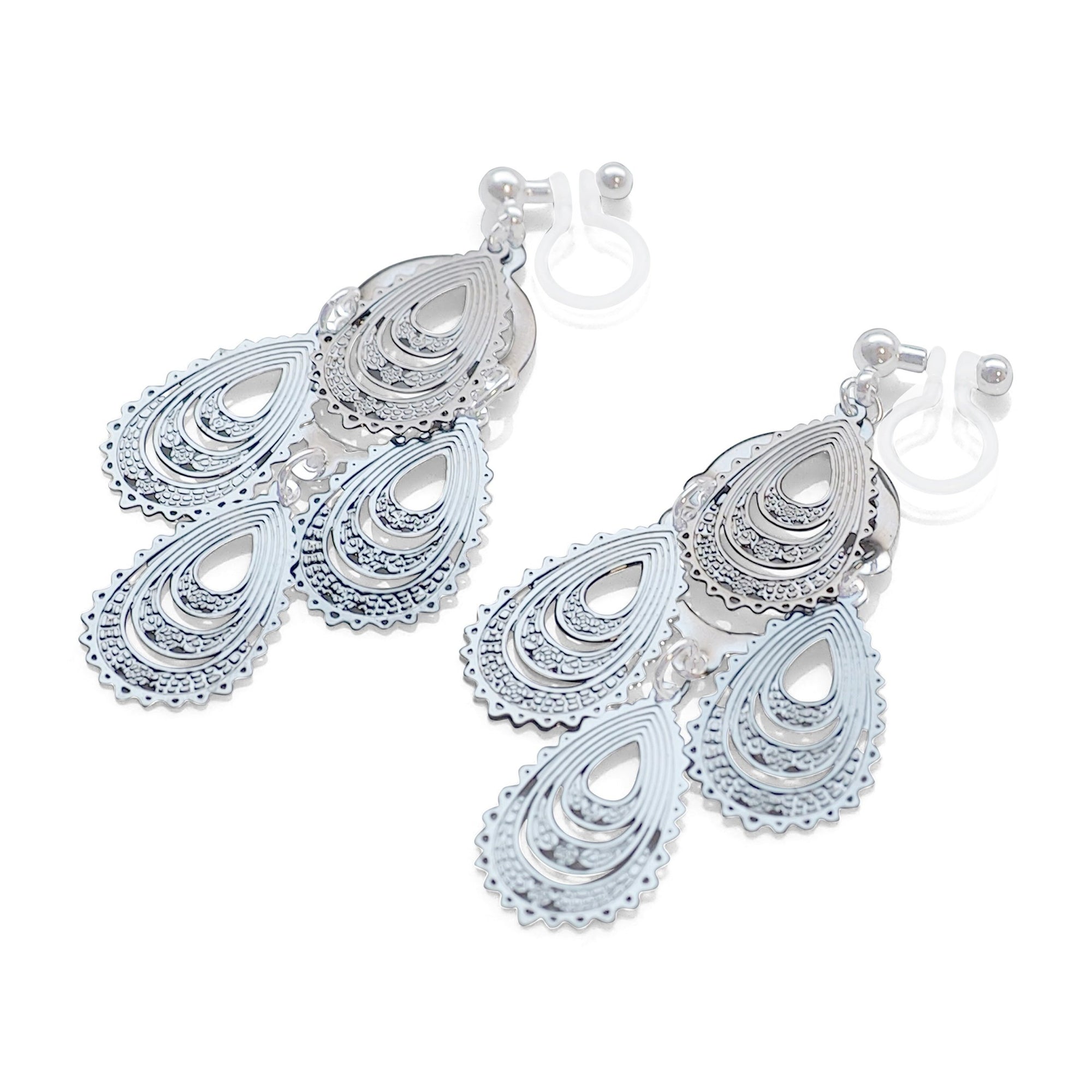Dangle teardrop silver filigree invisible clip on earrings - miyabigracejewelry.com