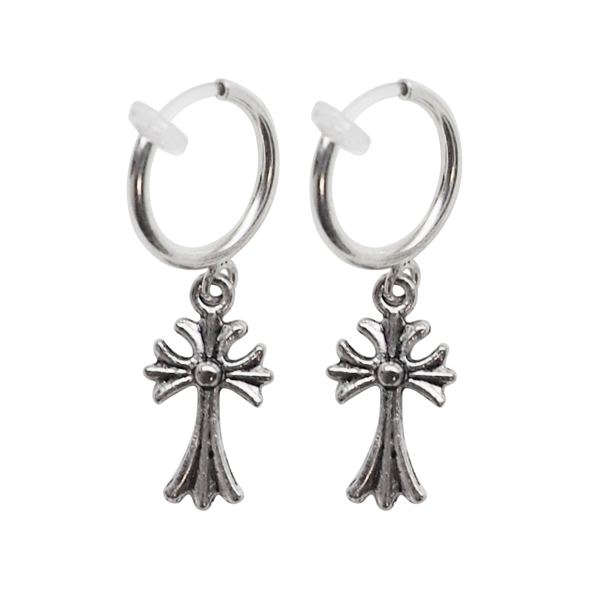 Silver Cross Resin Clip On Hoop Earrings - Miyabi Grace