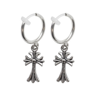 Silver Cross Resin Clip On Hoop Earrings - Miyabi Grace