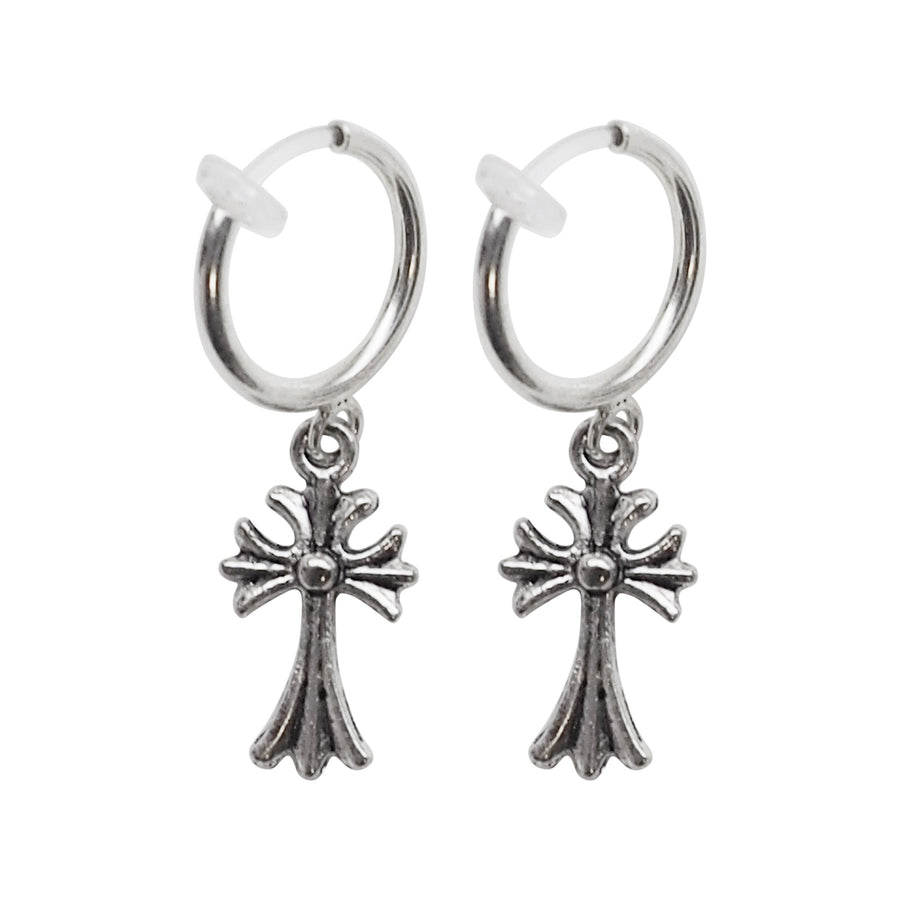 Silver Cross Resin Clip On Hoop Earrings - Miyabi Grace