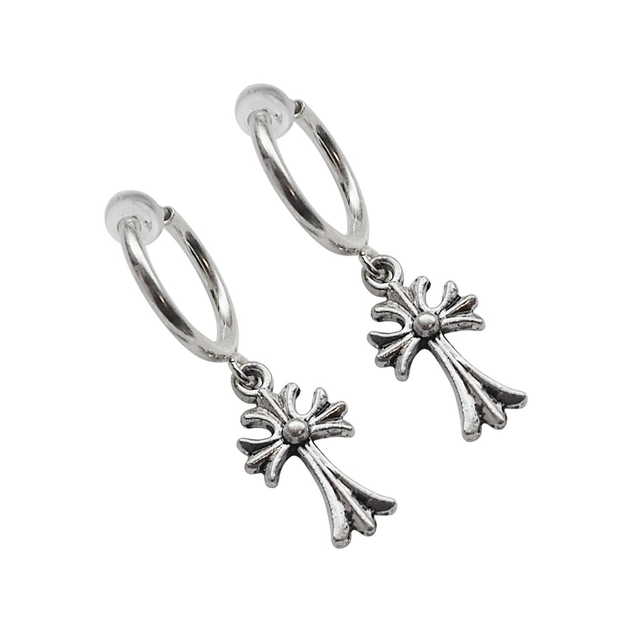 Silver Cross Resin Clip On Hoop Earrings - Miyabi Grace