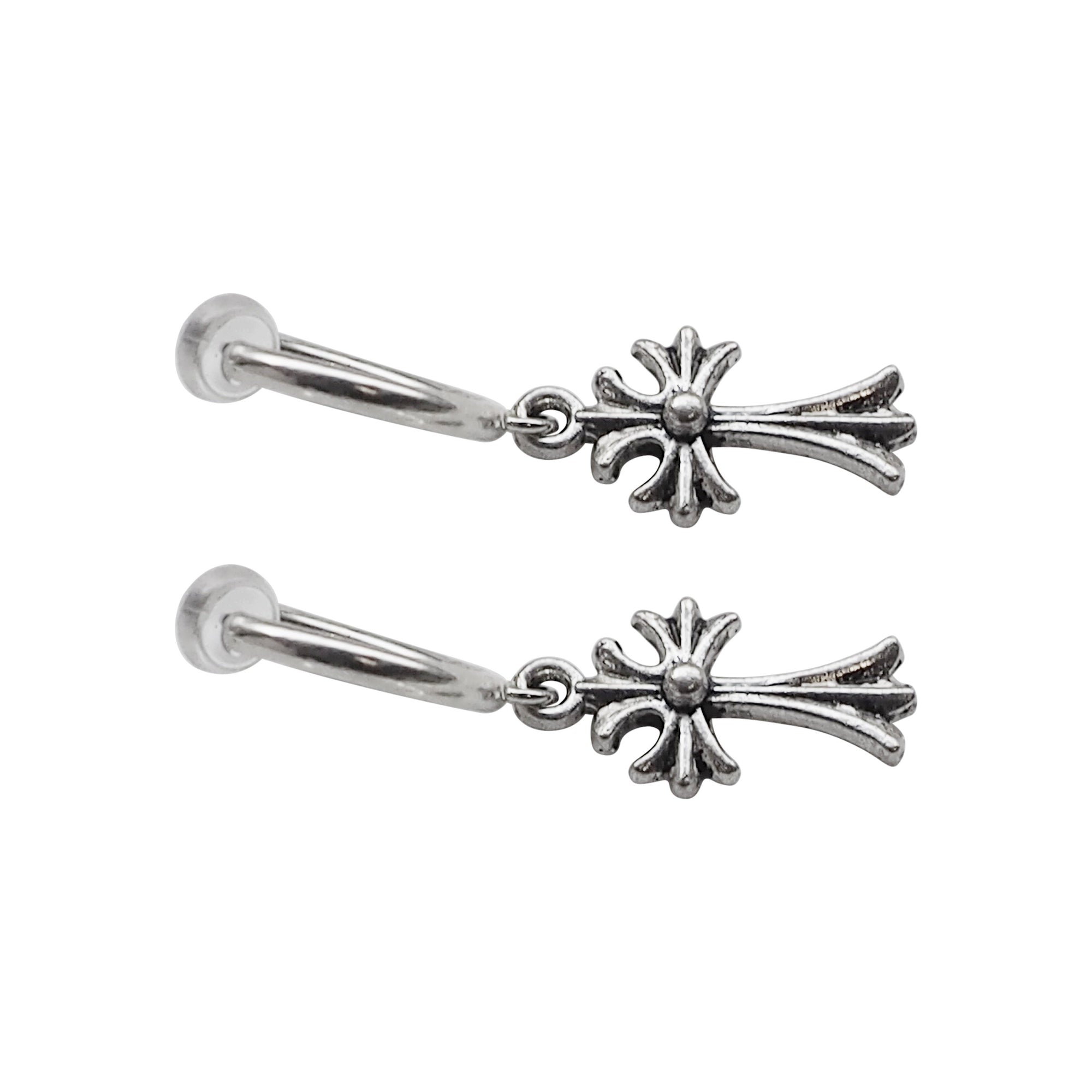 Silver Cross Resin Clip On Hoop Earrings - Miyabi Grace