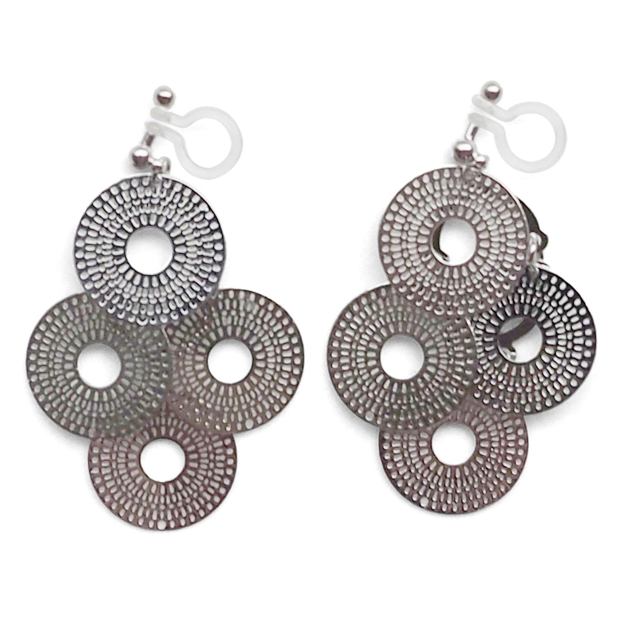 Dangle silver circle filigree invisible clip on earrings - miyabigracejewelry.com