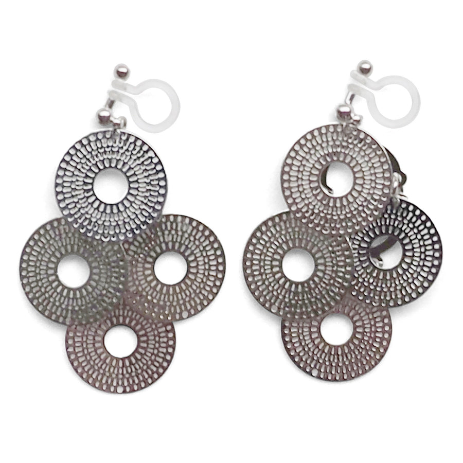 Dangle silver circle filigree invisible clip on earrings - miyabigracejewelry.com