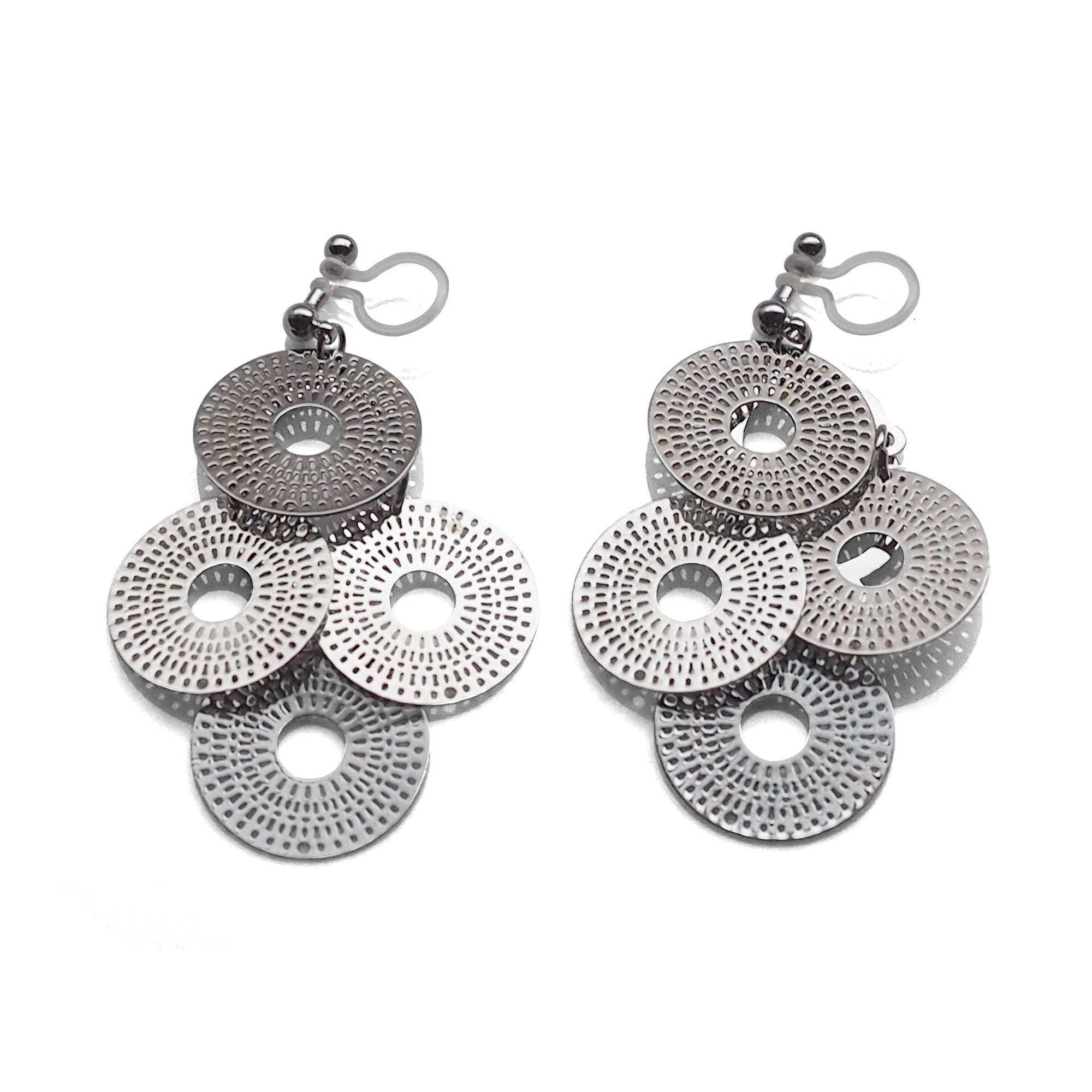 Dangle silver circle filigree invisible clip on earrings - miyabigracejewelry.com