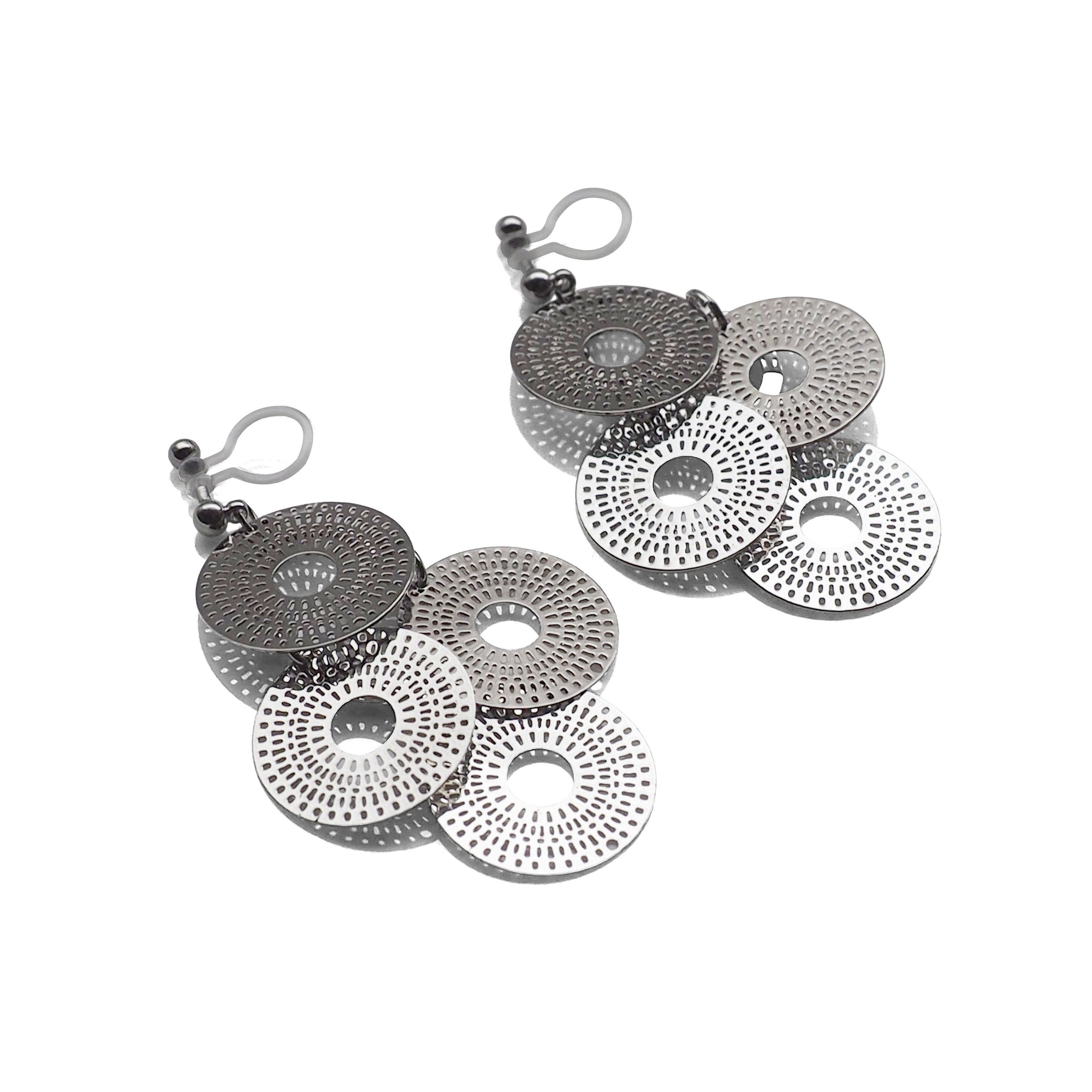 Dangle silver circle filigree invisible clip on earrings - miyabigracejewelry.com