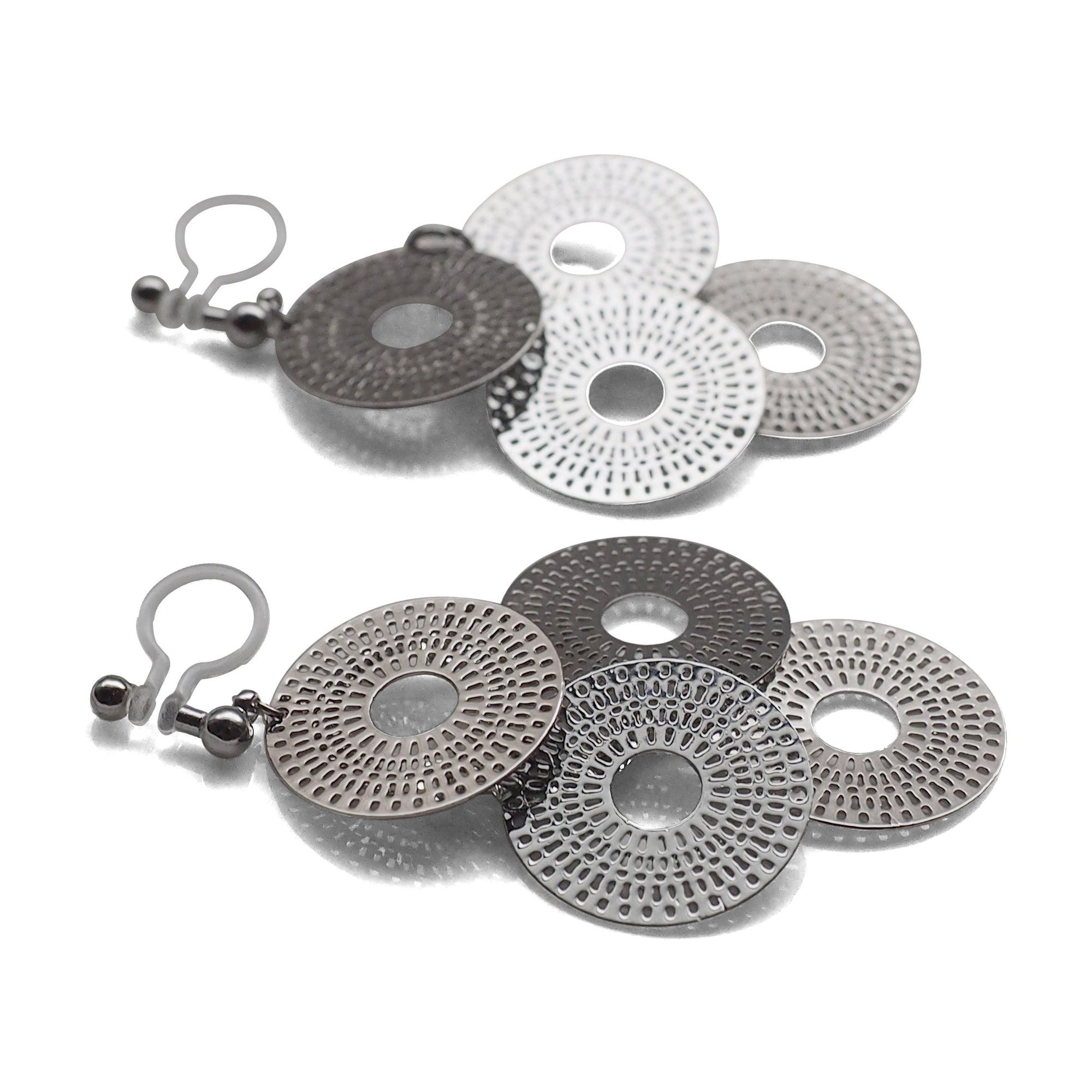 Dangle silver circle filigree invisible clip on earrings - miyabigracejewelry.com