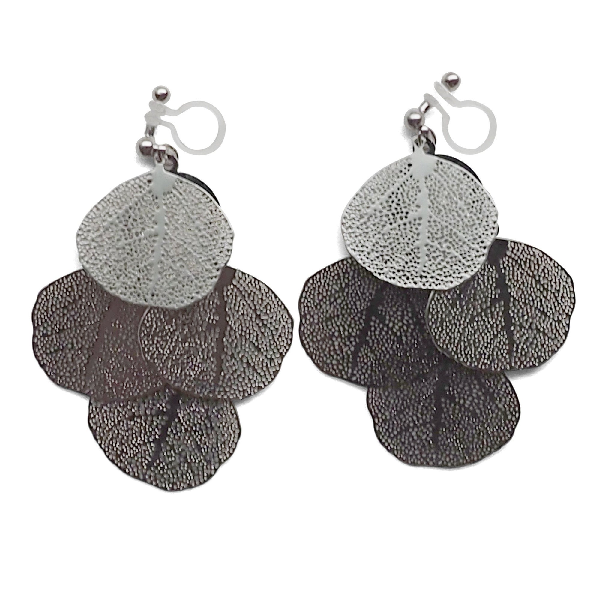 Dangle silver four leaf filigree invisible clip on earrings - miyabigracejewelry.com