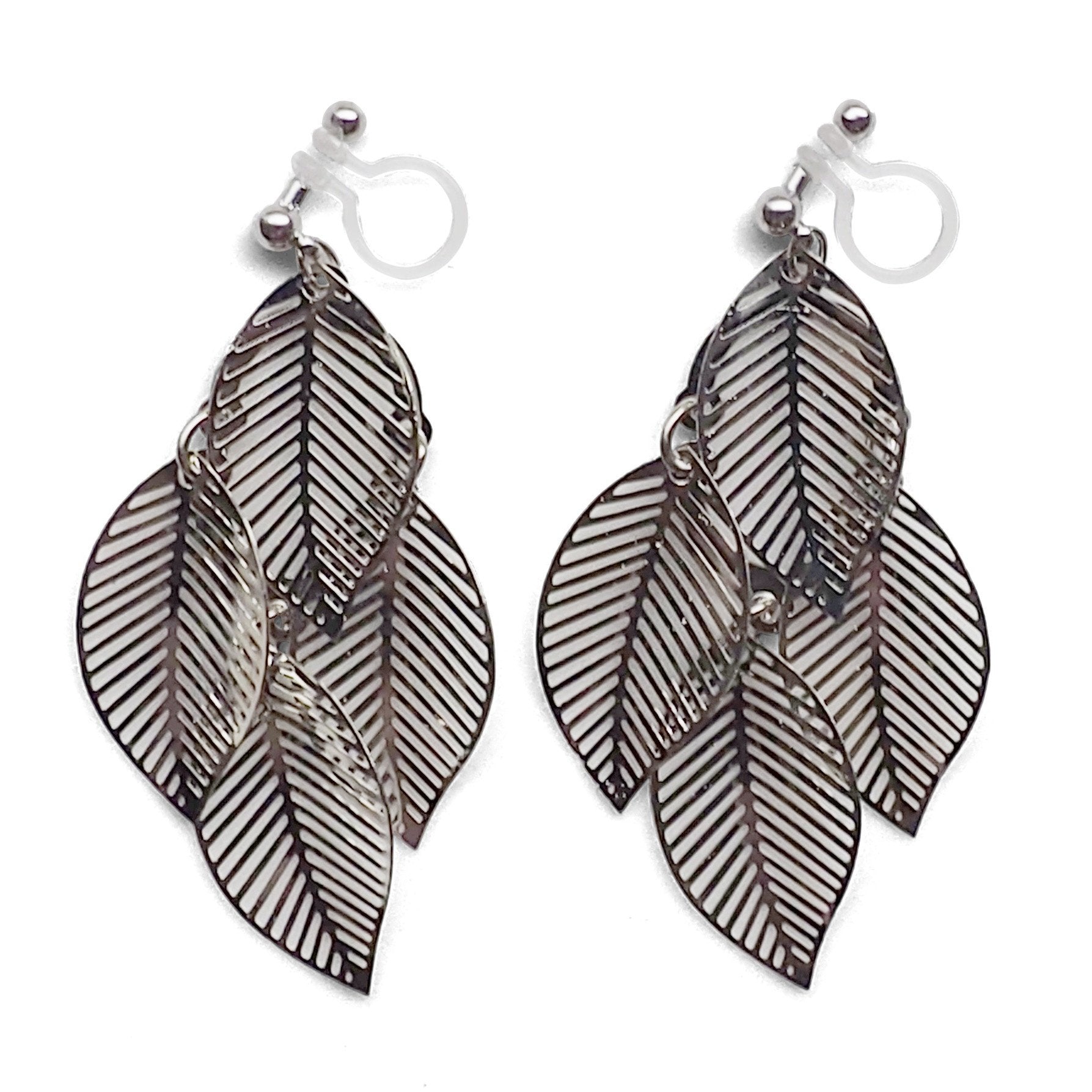 Silver four leaf filigree invisible clip on earrings - miyabigracejewelry.com