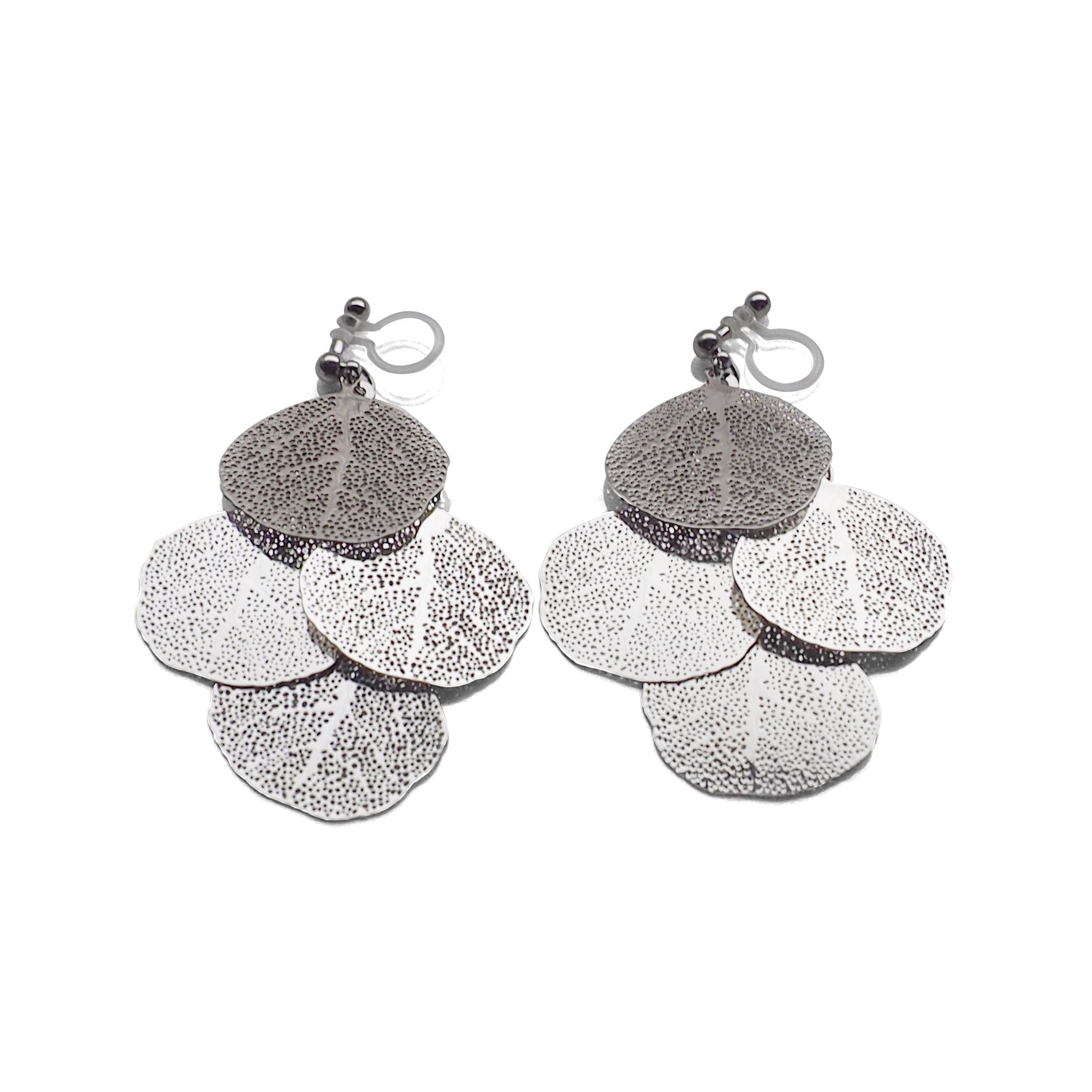 Dangle silver four leaf filigree invisible clip on earrings - miyabigracejewelry.com