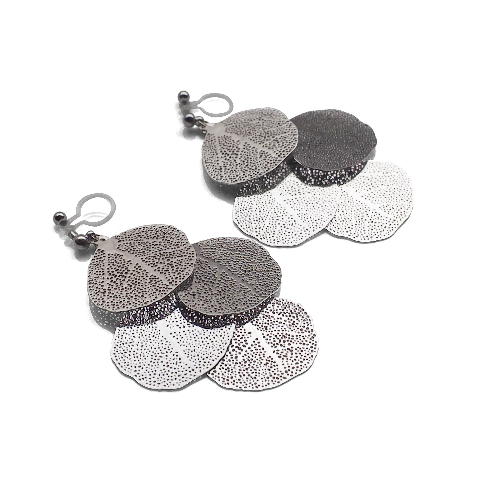 Dangle silver four leaf filigree invisible clip on earrings - miyabigracejewelry.com