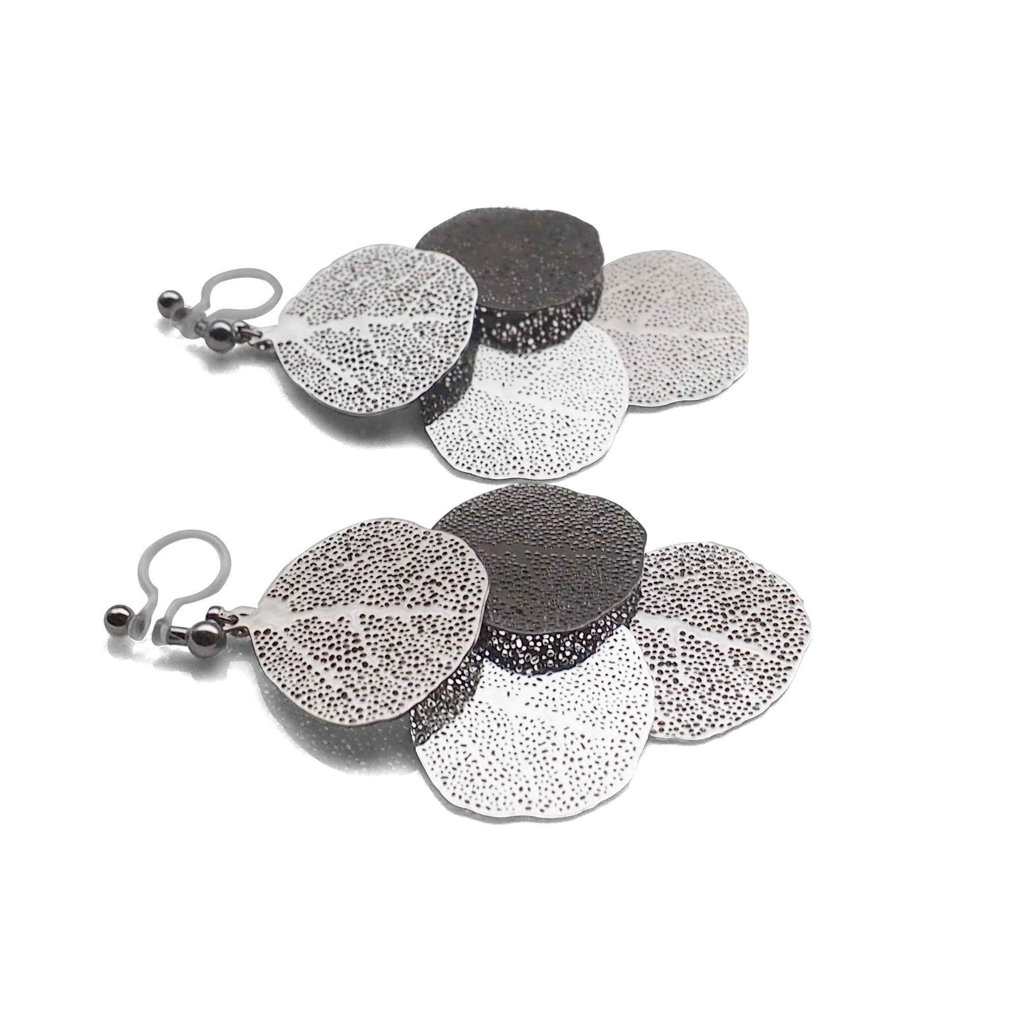 Dangle silver four leaf filigree invisible clip on earrings - miyabigracejewelry.com