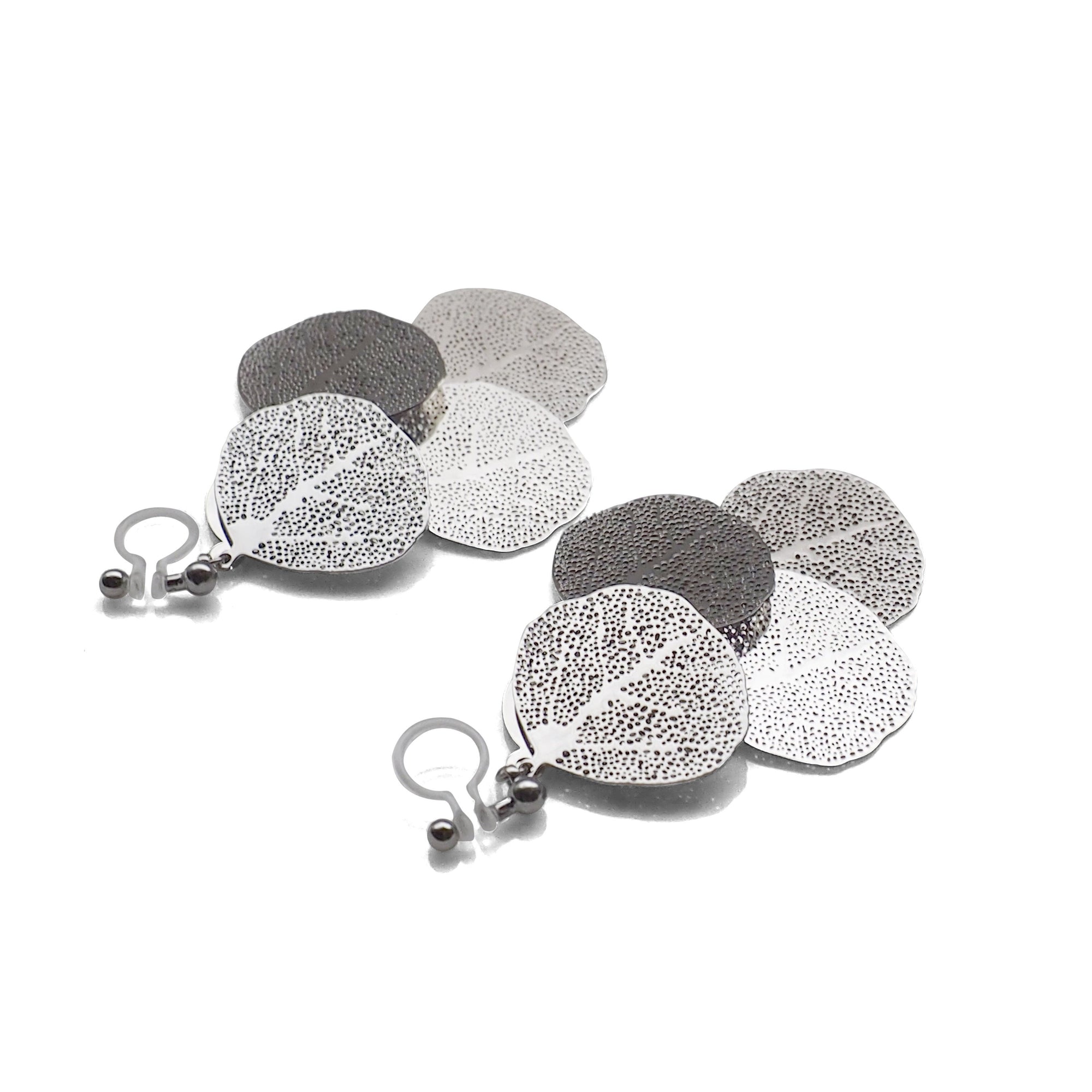 Dangle silver four leaf filigree invisible clip on earrings - miyabigracejewelry.com