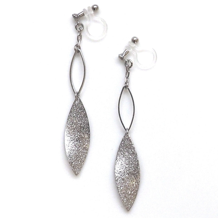 Silver textured metallic leaf invisible clip on earrings - miyabigracejewelry.com