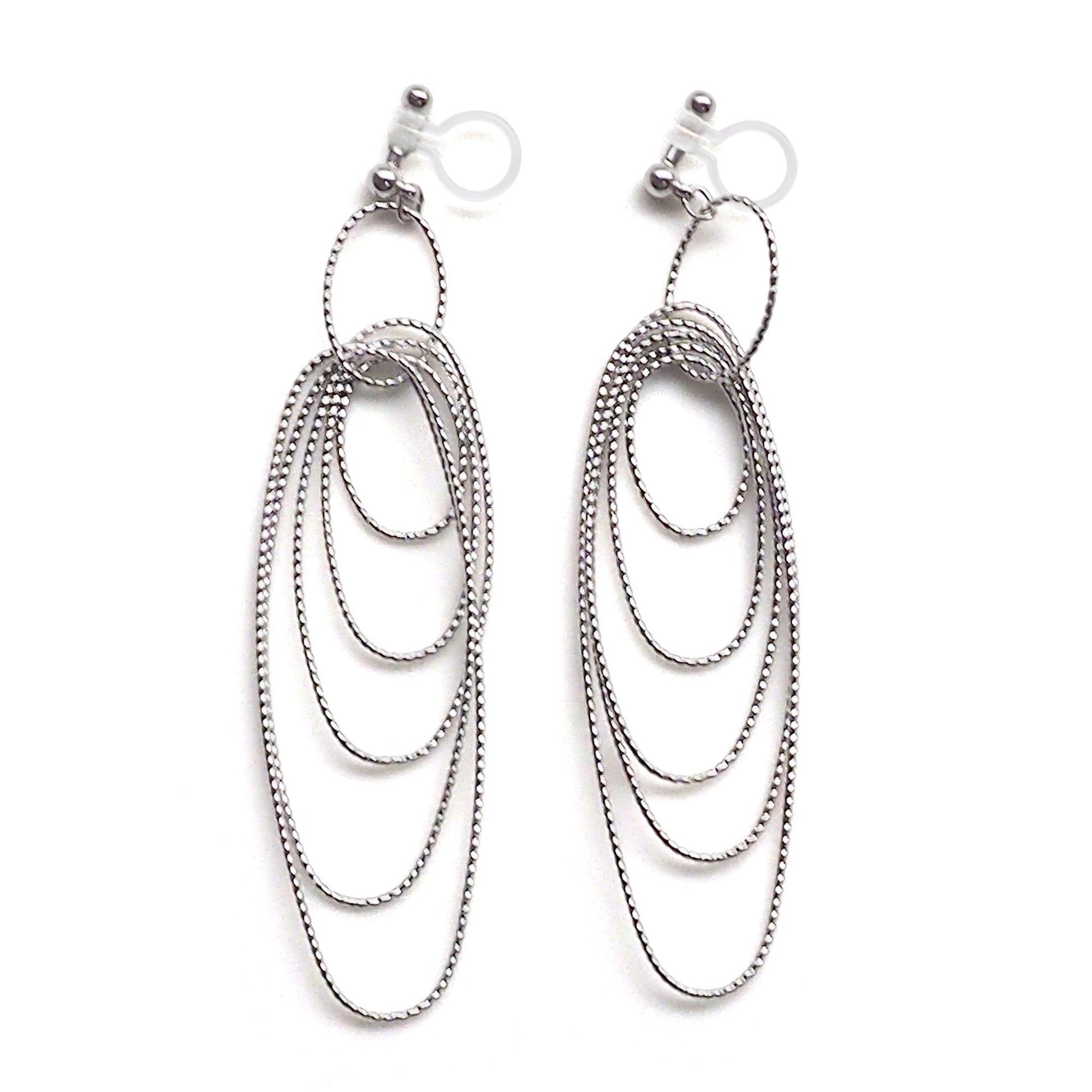 Dangle silver textured hoop invisible clip on earrings - miyabigracejewelry.com