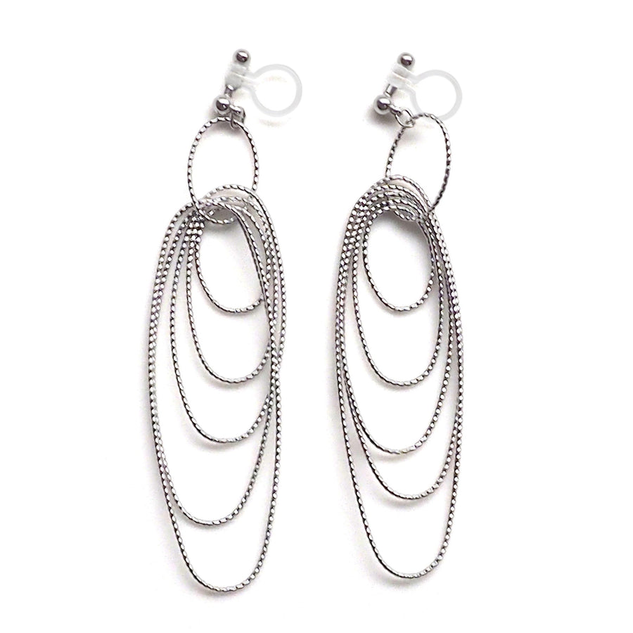 Dangle silver textured hoop invisible clip on earrings - miyabigracejewelry.com
