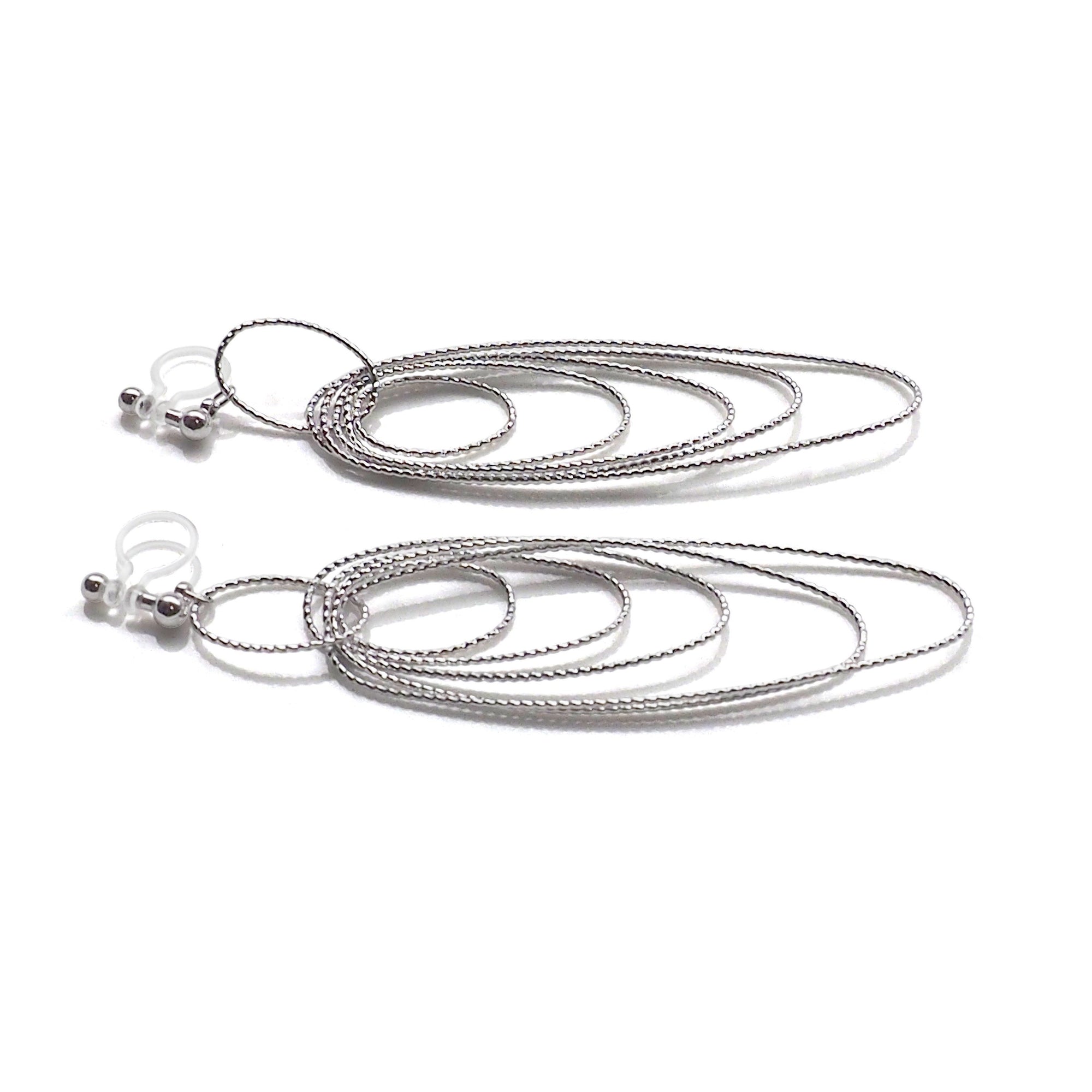 Dangle silver textured hoop invisible clip on earrings - miyabigracejewelry.com