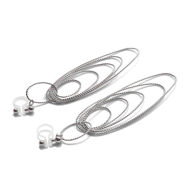 Dangle silver textured hoop invisible clip on earrings - miyabigracejewelry.com