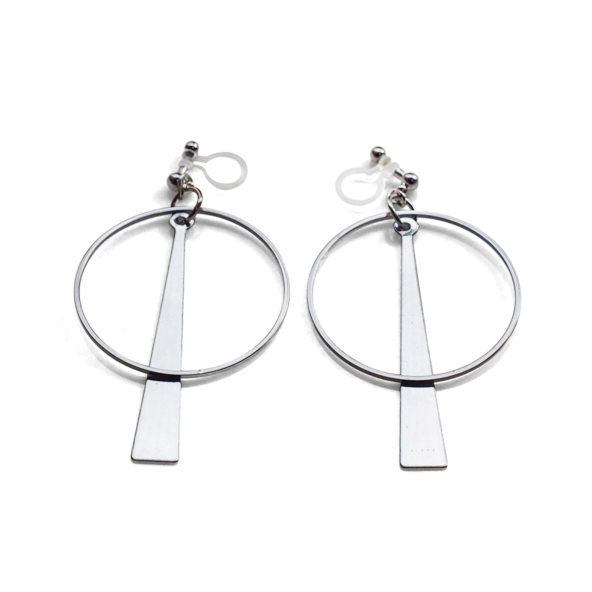 Geometric silver hoop invisible clip on earrings - miyabigracejewelry.com