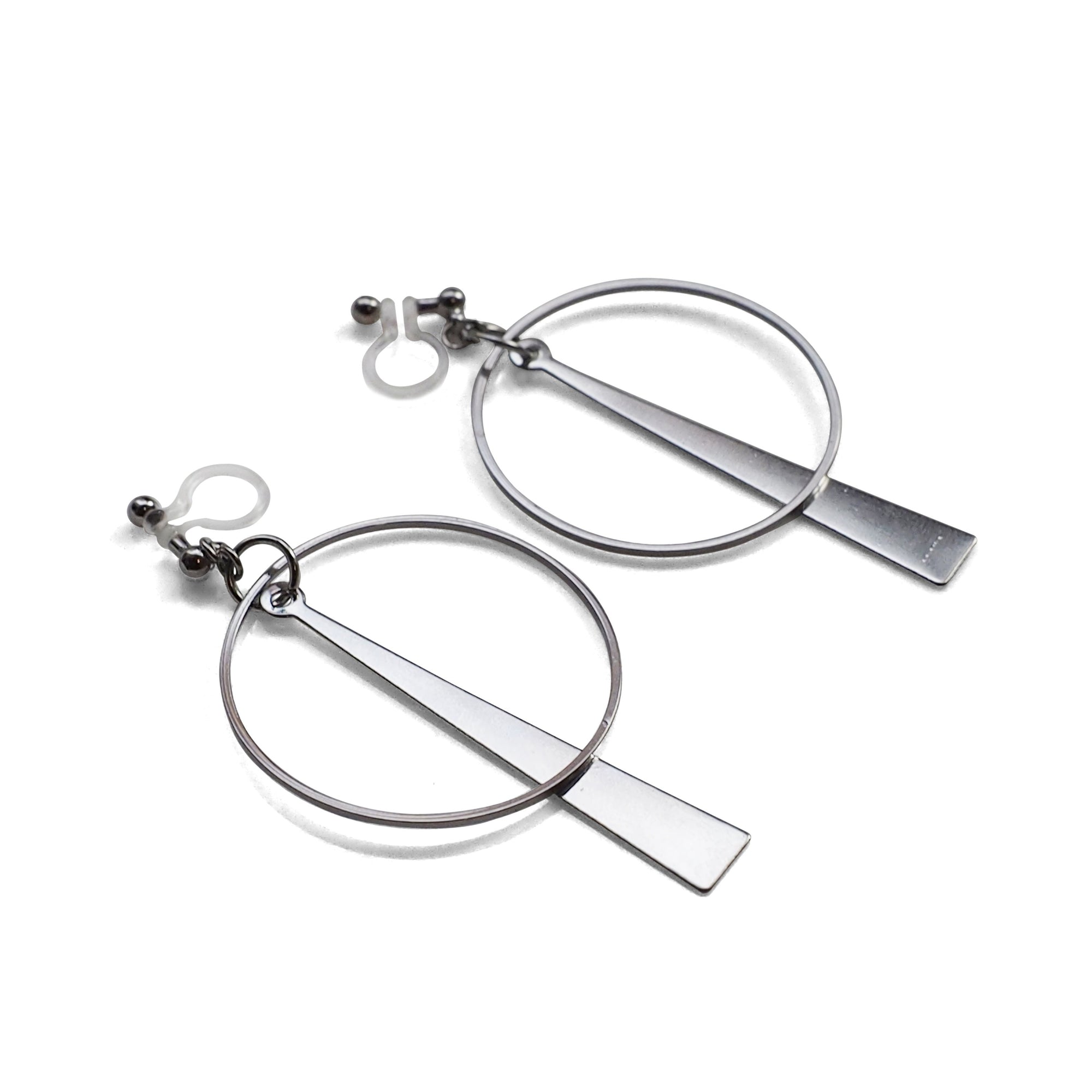 Geometric silver hoop invisible clip on earrings - miyabigracejewelry.com