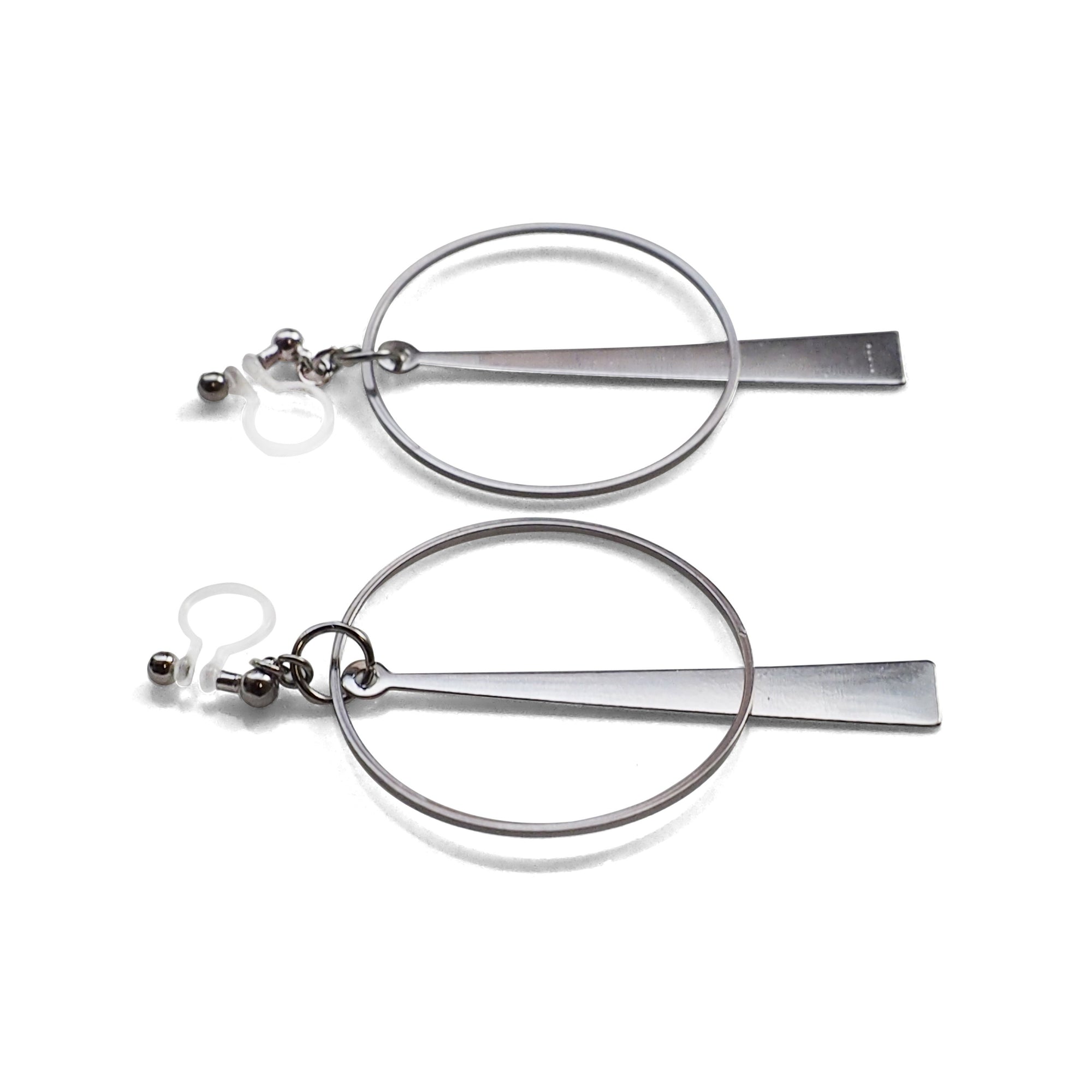 Geometric silver hoop invisible clip on earrings - miyabigracejewelry.com