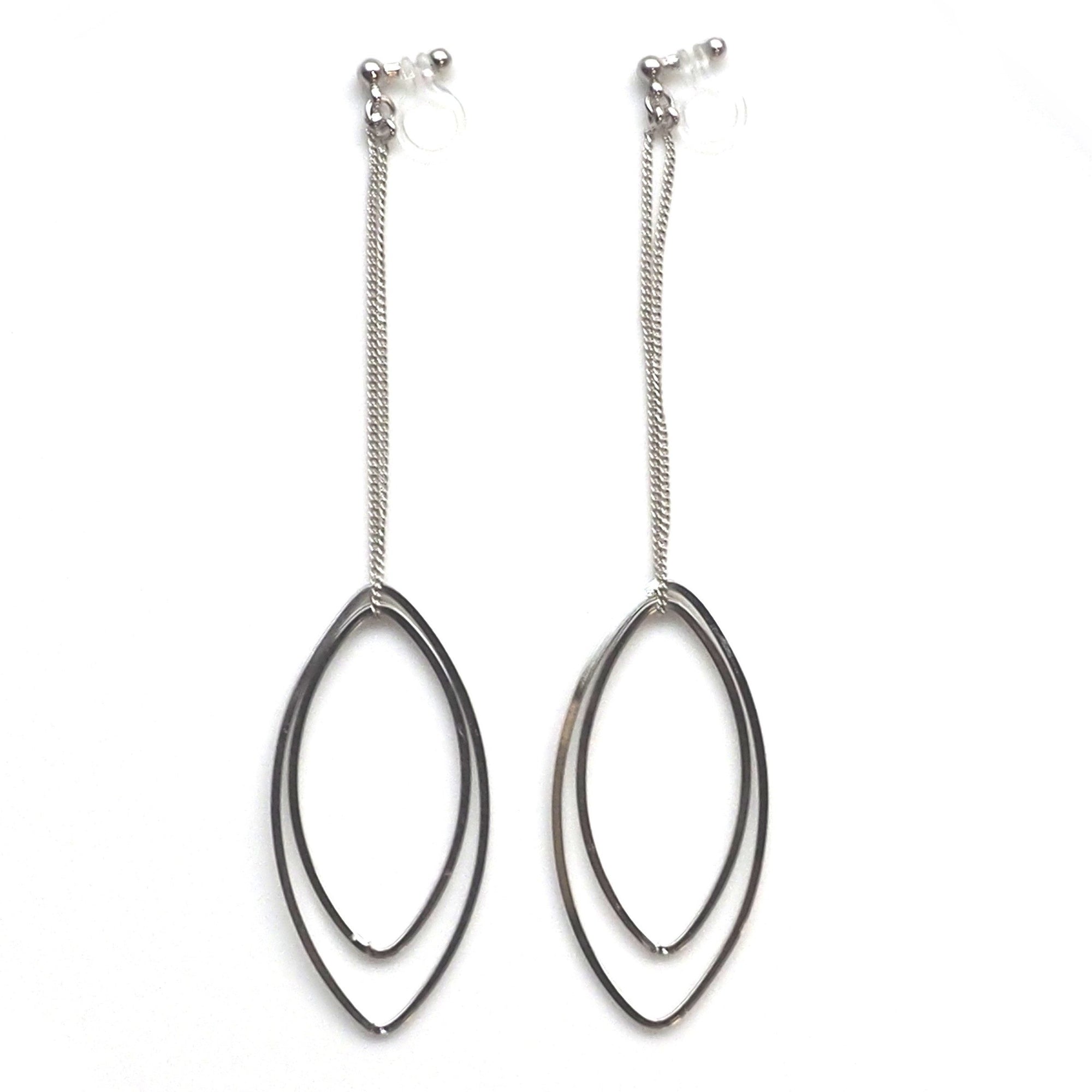 Dangle silver double oval hoop invisible clip on earrings - miyabigracejewelry.com